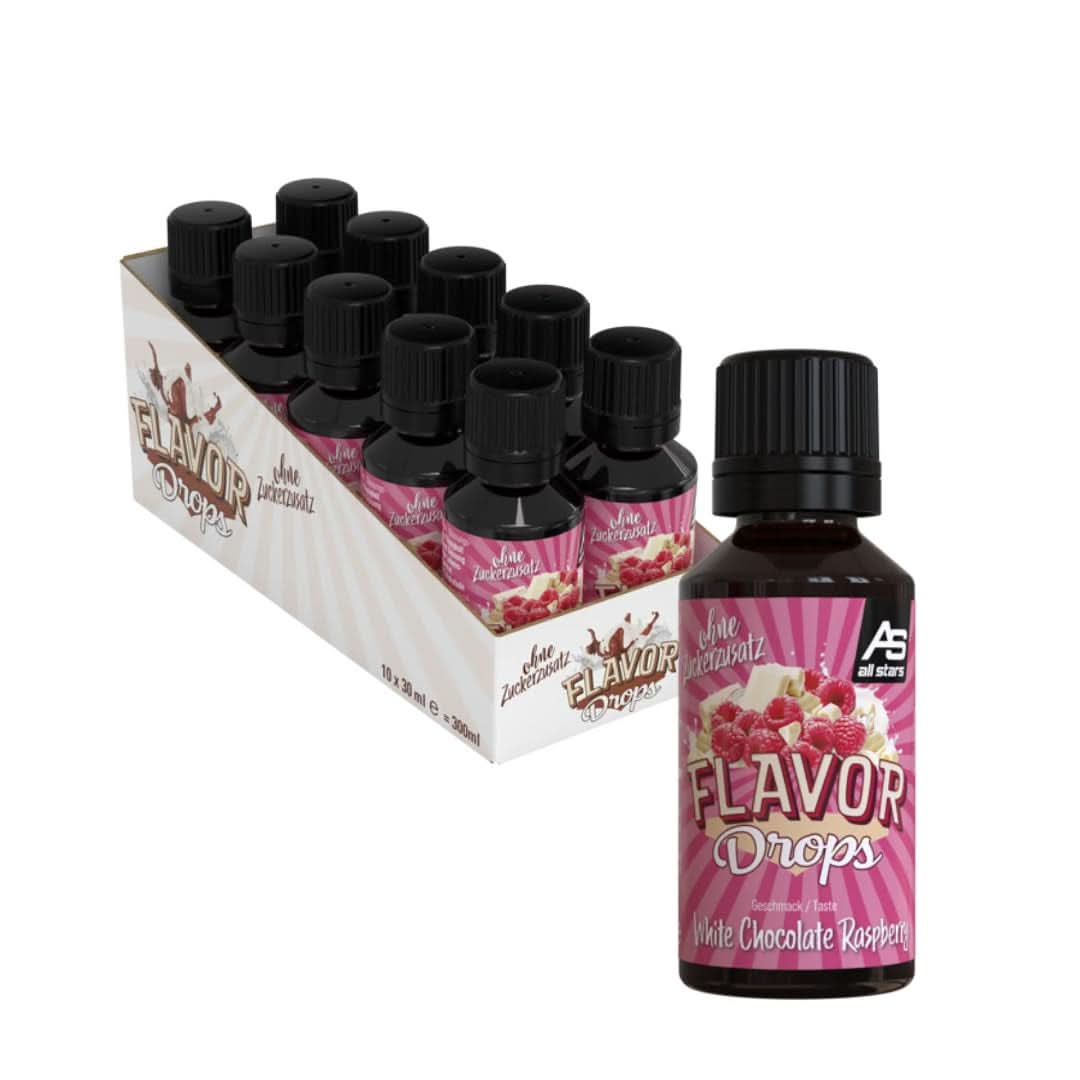 ALL STARS Flavor Drops, Smagsdråber uden tilsat sukker og uden kalorier - Sødme og smag til mad, 30 ml Sweeteners Naty Shop Hvid chokolade med hindbær 10 x 30 ml