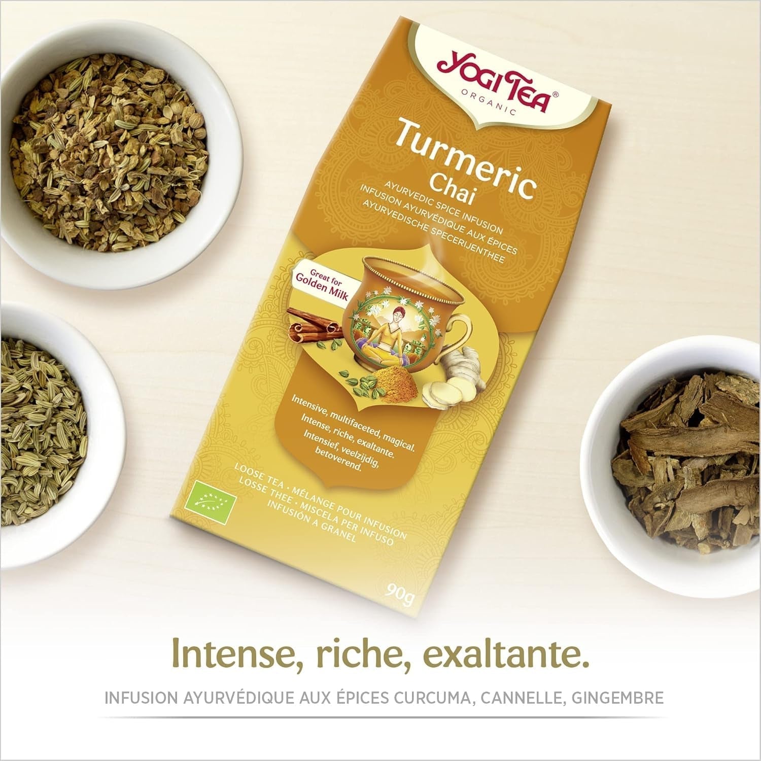 Yogi Tea - Kurkuma Chai Økologisk krydret ayurvedisk te Koffeinfri Gurkemeje Kanel Ingefær Blend Yogi Te Løs 8 x 90 g (720 g) Pakke Ideel gave