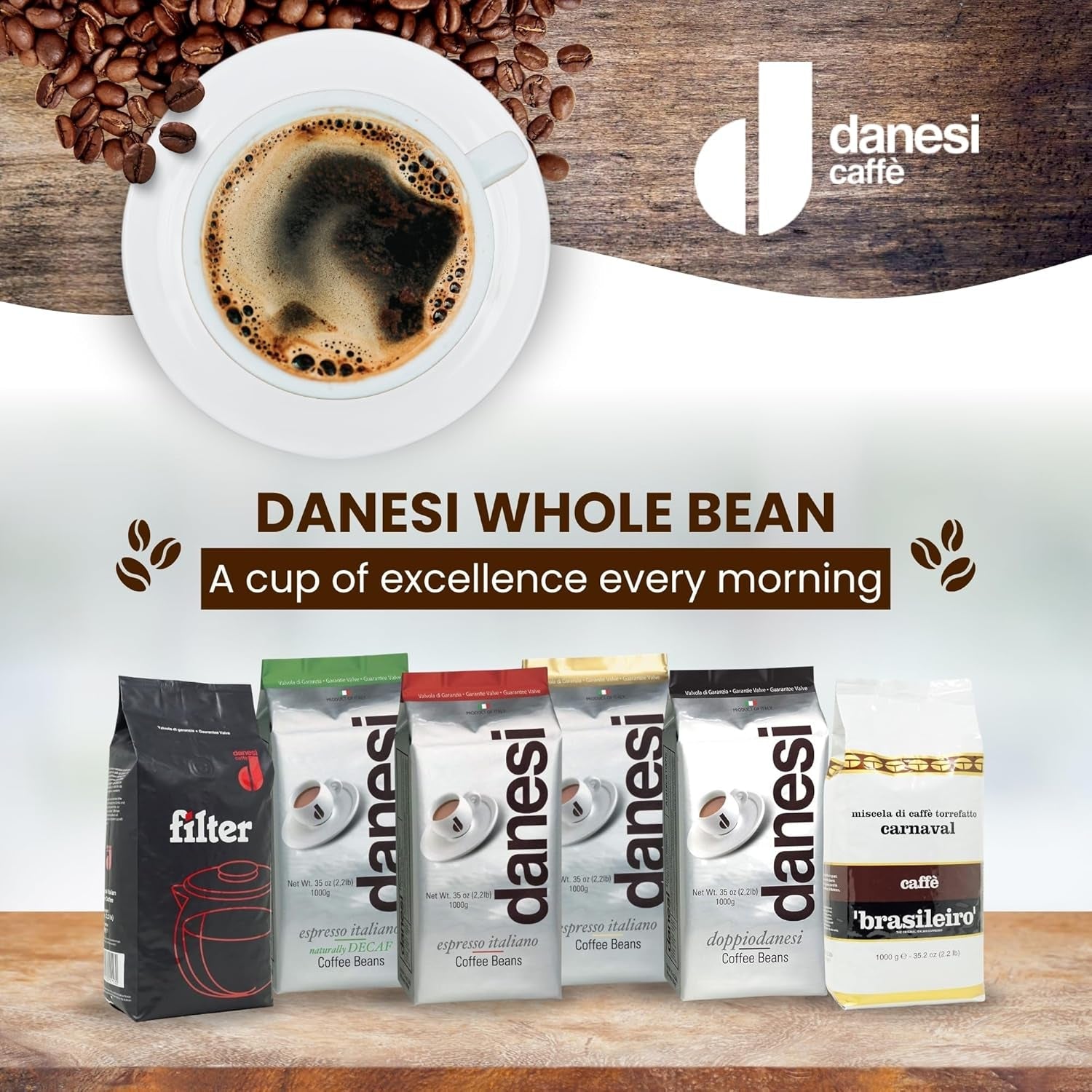Danesi Decafeinato (koffeinfri), bønner, 1 pakke (1 x 1 kg)