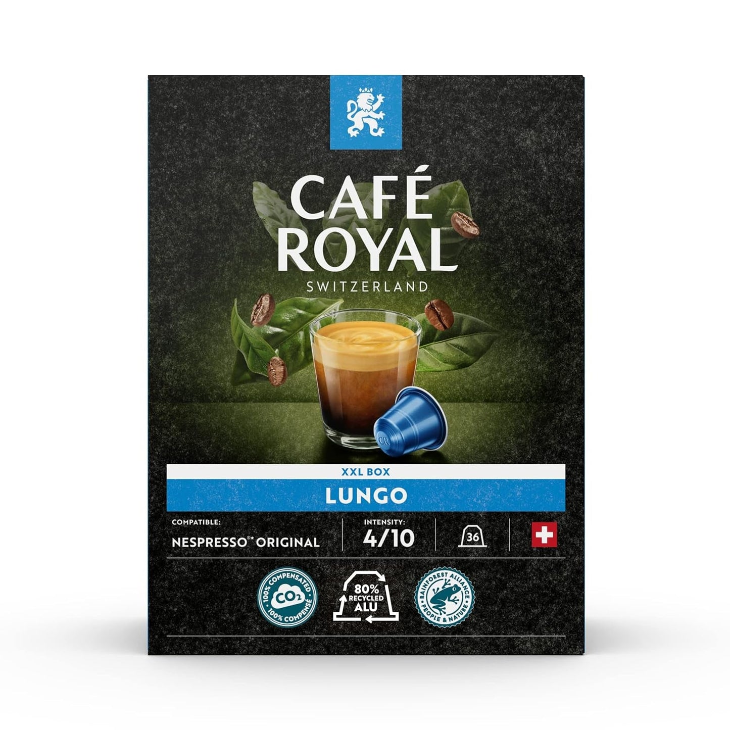 Café Royal Dark Chocolate Flavored 100 Kapseln für Nespresso Kaffee Maschine - 4/10 Intensität - UTZ-certifiziert, aus Aluminium & Lungo 36 Kapseln für Nespresso Kaffee Maschine - 4/10 Intensität