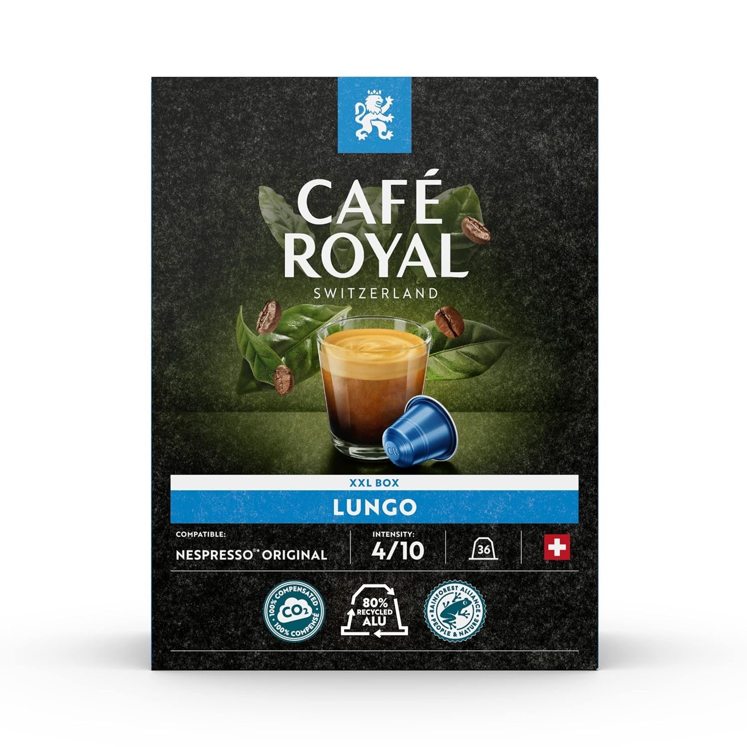 Café Royal Dark Chocolate Flavored 100 Kapseln für Nespresso Kaffee Maschine - 4/10 Intensität - UTZ-certifiziert, aus Aluminium & Lungo 36 Kapseln für Nespresso Kaffee Maschine - 4/10 Intensität