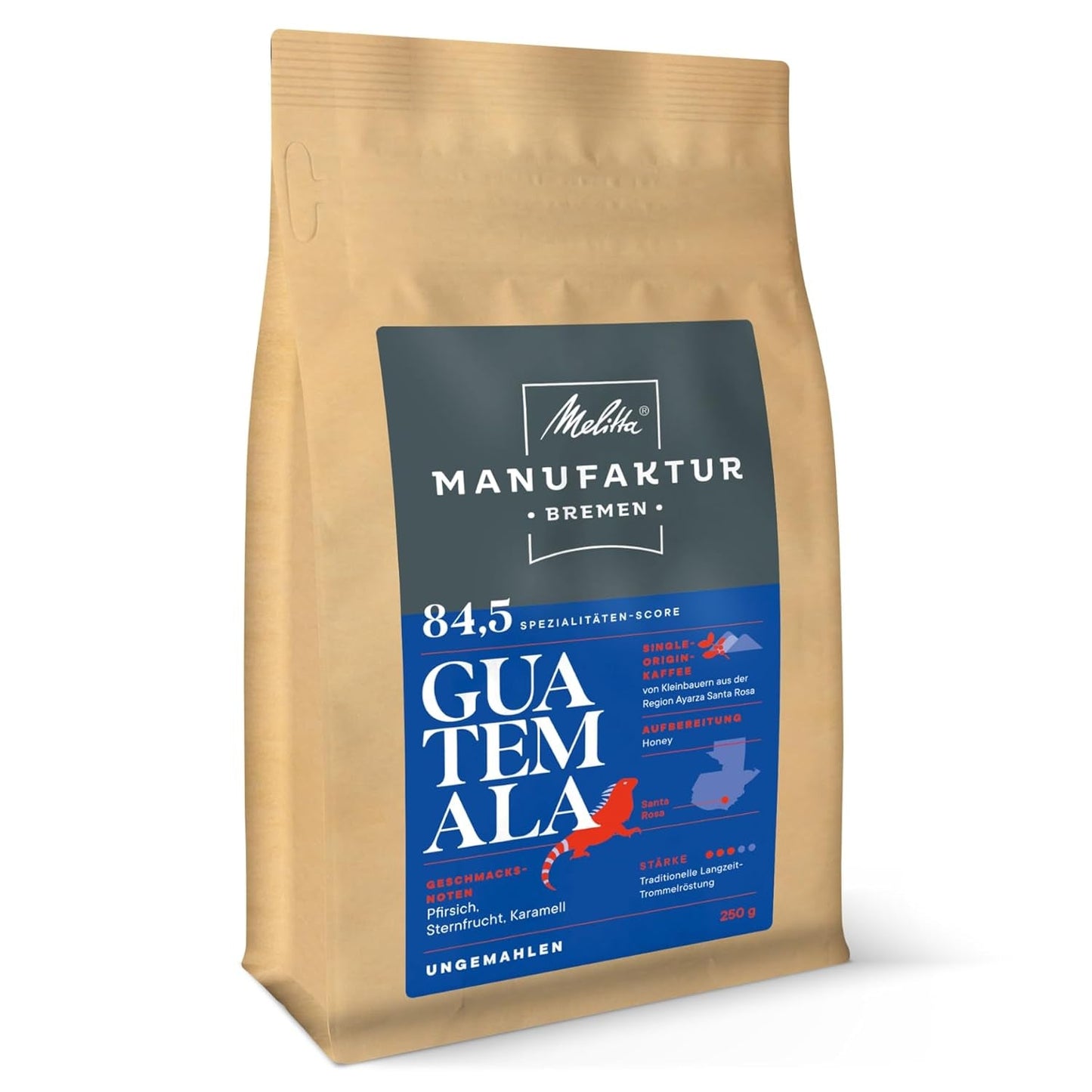 Melitta Manufaktur-Kaffee Guatemala Honning, Spezialitäten, 250g, Ganze Bohnen, Ungemahlen, Single-Origin, Sanfte Trommelröstung, Geröstet i Tyskland, Stärke 3