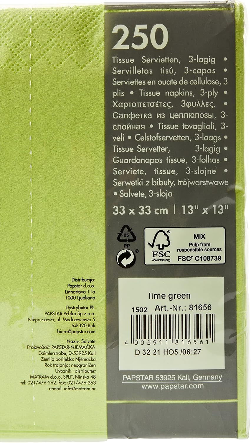 250 servietter, 3-lags 1/4-fold 33 cm X 33 cm æblegrøn (pakke med 2)