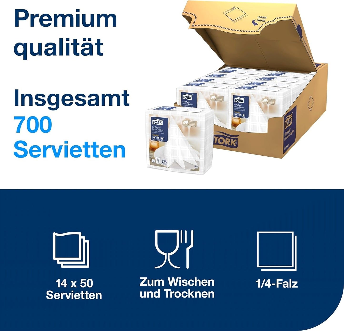 Tork Linstyle hvide bordservietter, 1/4 fold, 19,5 × 19,5 cm, 14 N50 servietter, 509410
