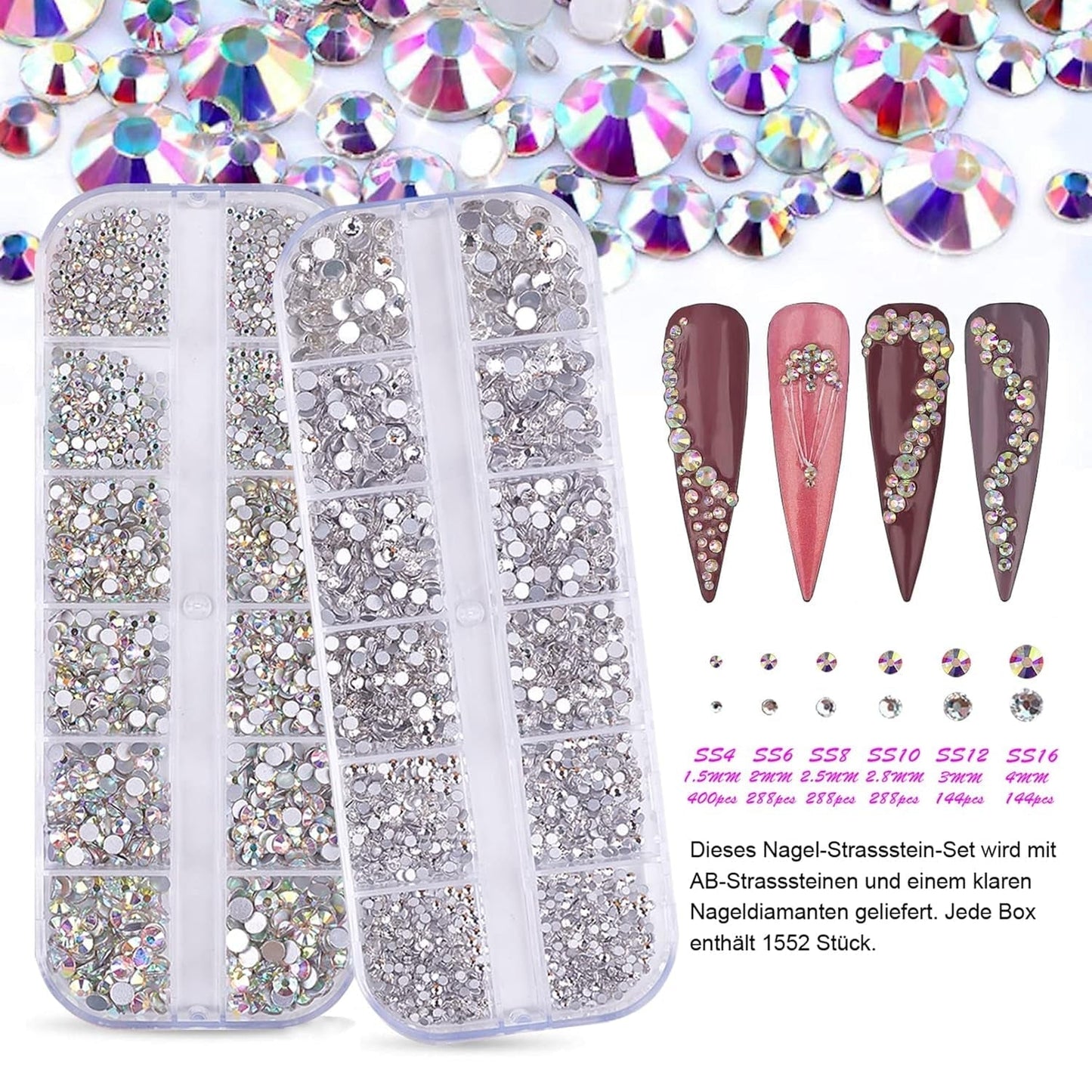 3200 Nail Stones Set FITDON Multi-Shaped Glass AB Stones og Clear Diamond Glitter AB Stones til Negle Art Decoration DIY Kits Smykker Nøgleringe Negle Accessories