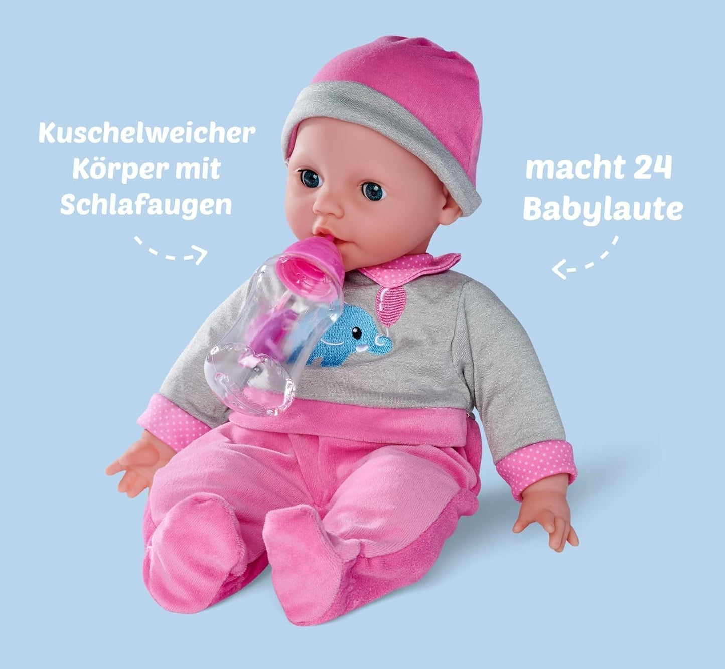 Simba 105140066 - Laura Interaktiv, blød dukke med søvnige øjne, pludrer ved bevægelse, drikker fra flaske og sover, 40 cm, dukke fra 2 år Naty Shop Dolls