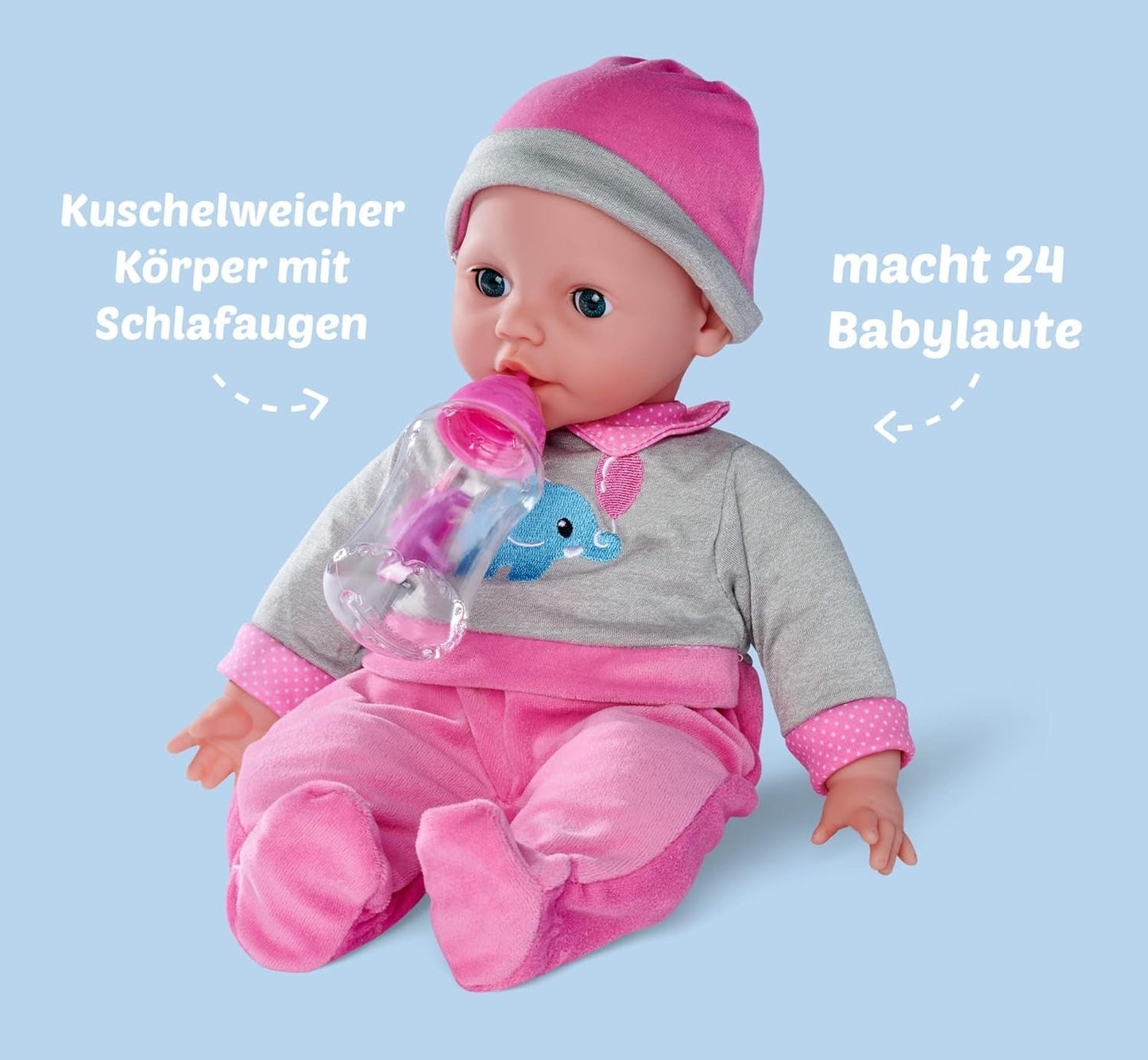 Simba 105140066 - Laura Interactive, blød kropsdukke med søvnige øjne, pludrer ved bevægelse, drikker af flaske og falder i søvn, 40 cm, babydukke til børn fra 2 år