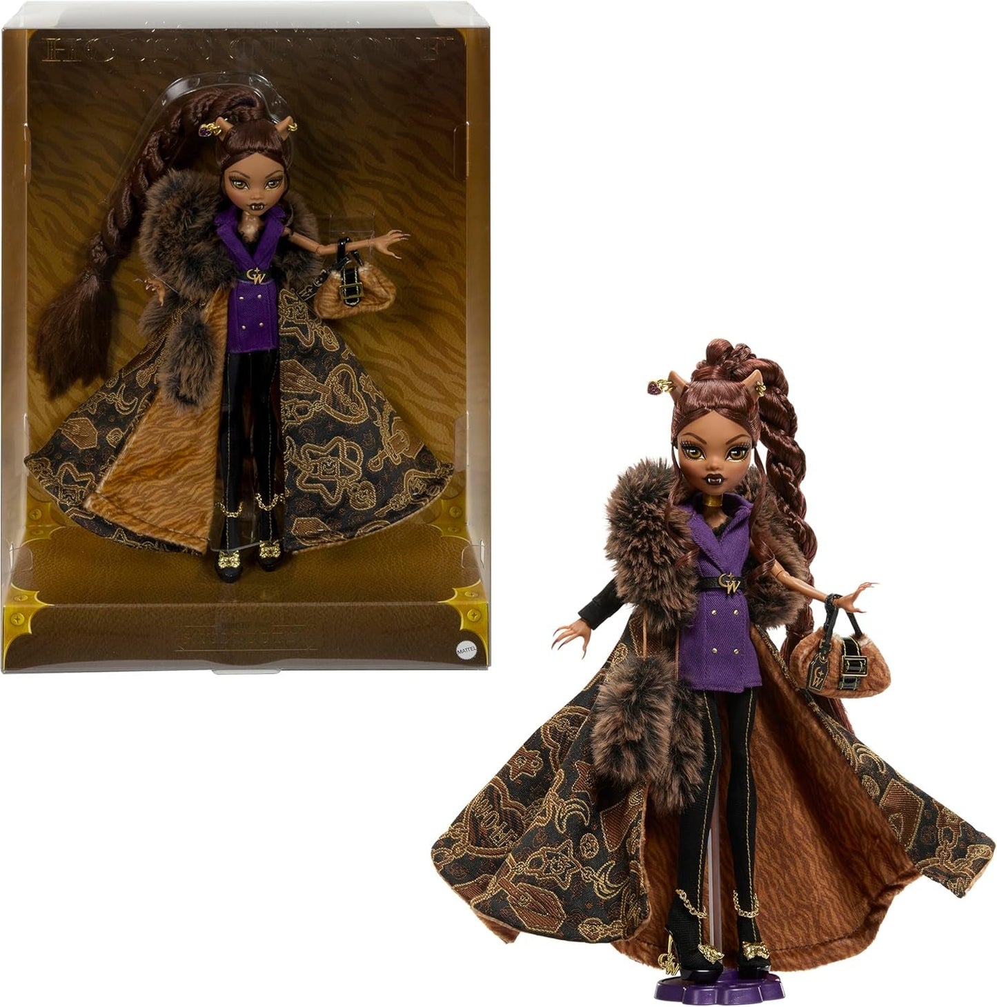 Monster High Doll House of Wolves Clawdeen Wolf samlerfigur med imiteret pels jacquardfrakke Lilla jakkekjole Guldbukser og tilbehør JDR66