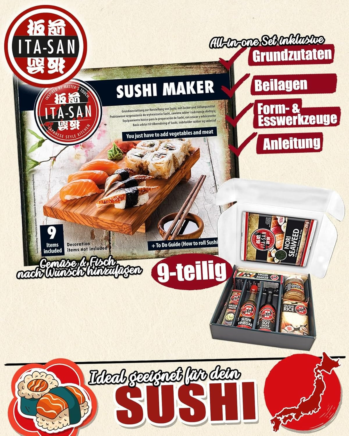 ITA-SAN Sushi Sæt (9-delt komplet sæt, ideel til begyndere, til prøve eller gave) 1 pakke