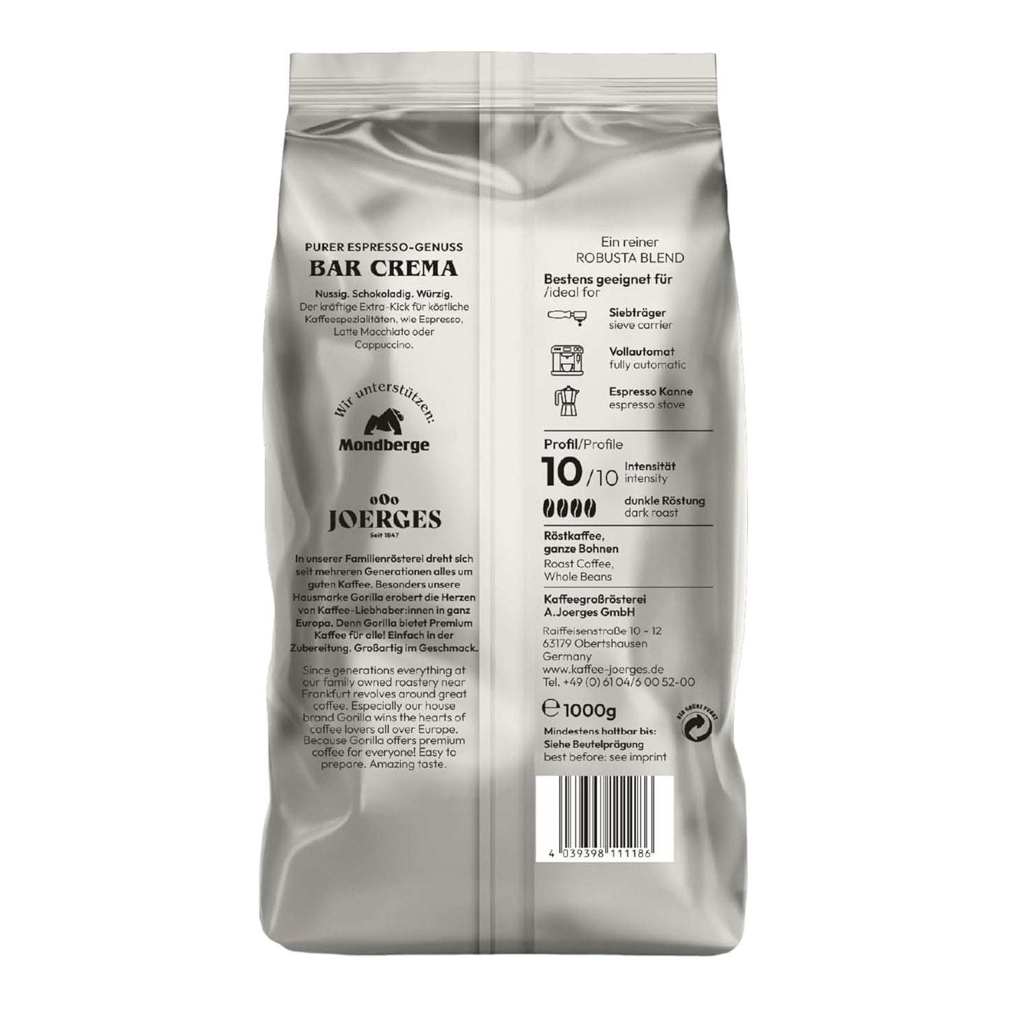 Gorilla Espresso Bar Crema kaffebønner - 12 pakker á 1000g hver