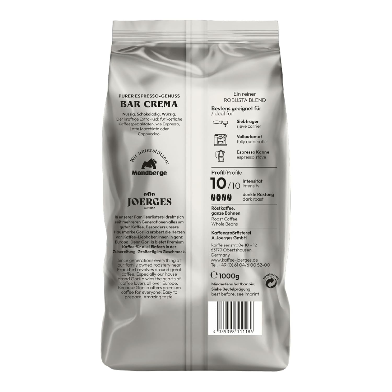 Gorilla Espresso Bar Crema kaffebønner - 12 pakker á 1000g hver
