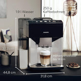 Siemens EQ500 fuldautomatisk espressomaskine TQ513D01, mange kaffespecialiteter, mælkeskummer, integreret mælkebeholder, automatisk damprensning, 1500 W, naturligt lys sølv/klaver sort