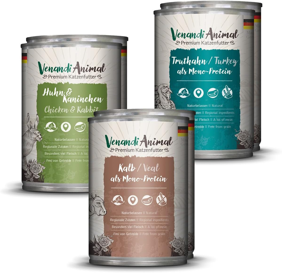 Venandi Animal Premium Nassfutter für Katzen, Probierpaket II, Kylling + Kanin, Kalb, Tyrkiet, 6 x 400 g, getreidefrei und naturbelassen, 2,4 kg