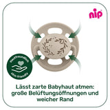 nip - Cherry Green | 0-6 måneder | Pakke med 4 | Sut, velegnet til amning og tænder. Bæredygtig sut, lavet af naturlige råmaterialer, lysegrøn/brun