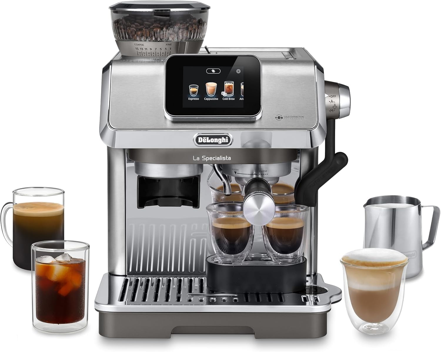 De'Longhi La Specialista Arte EC9155.MB portafilter espressomaskine med kværn, 8 maleindstillinger, 15 bar tryk, 3 temperaturindstillinger, mælkeskummer, 1550W, 1,7L tank, rustfrit stål/sort, inklusive barista kit