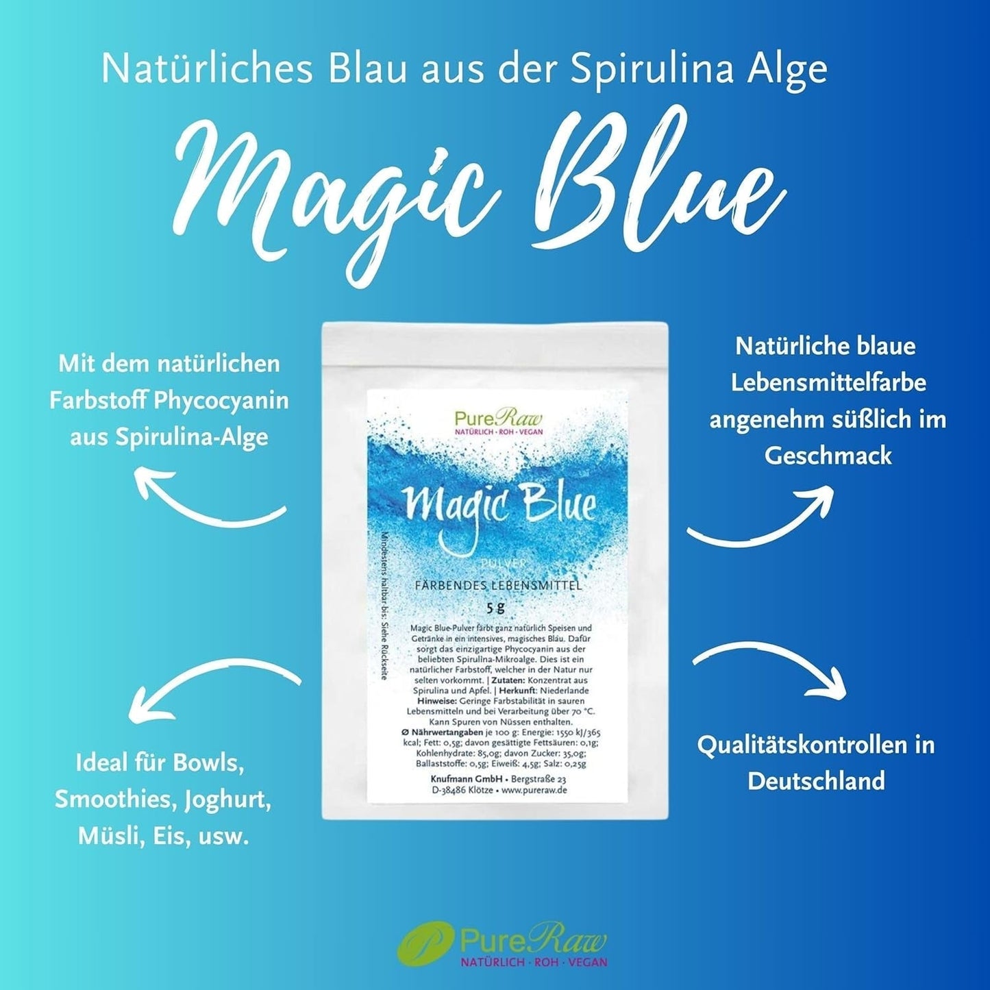 Magic Blue Spirulina Naturlig Fødevarefarve Pulver Blå (Rå Vegansk) Mørkeblå til Lys Pastelblå - Phycocyanin Alger Pulver Fødevarefarve - Naturlig Fødevarefarve | Pureraw 5G