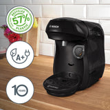 Bosch Tassimo Happy Friendly TAS102E Kapsel Espressomaskine, 70+ drikkevarer, Velegnet til alle kopper, Auto-Stop, Bæredygtig, Perfekt Dosering, Pladsbesparende, 1400W, Sort