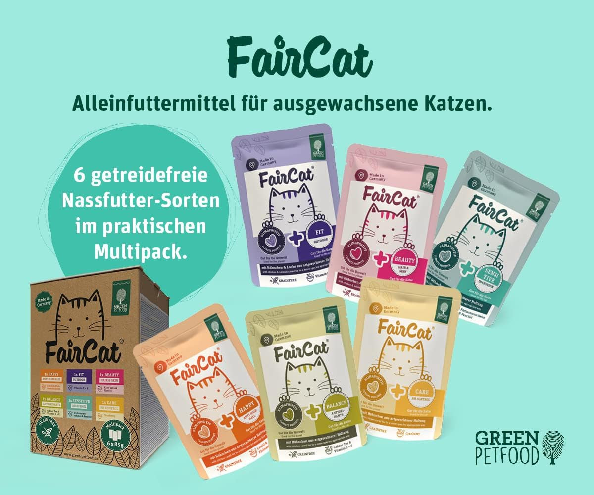 Green Petfood FairCat Multipack (6 x 85 g) | Voksen | Premium vådfoder til udvoksede katte 6 verschiedenen leckere Sorten im Multipack | getreidefrei | Katzenfutter nass | 6 pakke