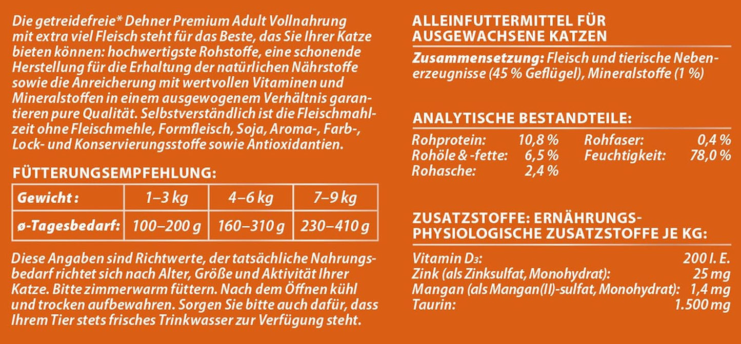Dehner Premium våd kattefoder, kornfrit, til voksne katte, fjerkræ, 6 dåser á 400 g (2,4 kg)
