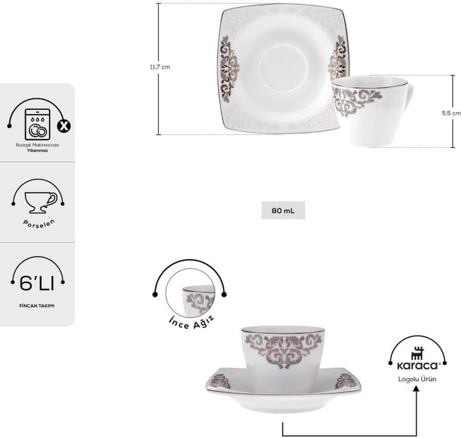 KARACA Nazende porcelæn espressokopsæt - 80 ml tyrkiske kaffekopper med underkopper, 12 stykker moderne kaffeservice med 6 kaffekopper og 6 underkopper, mokkakopper - hvid