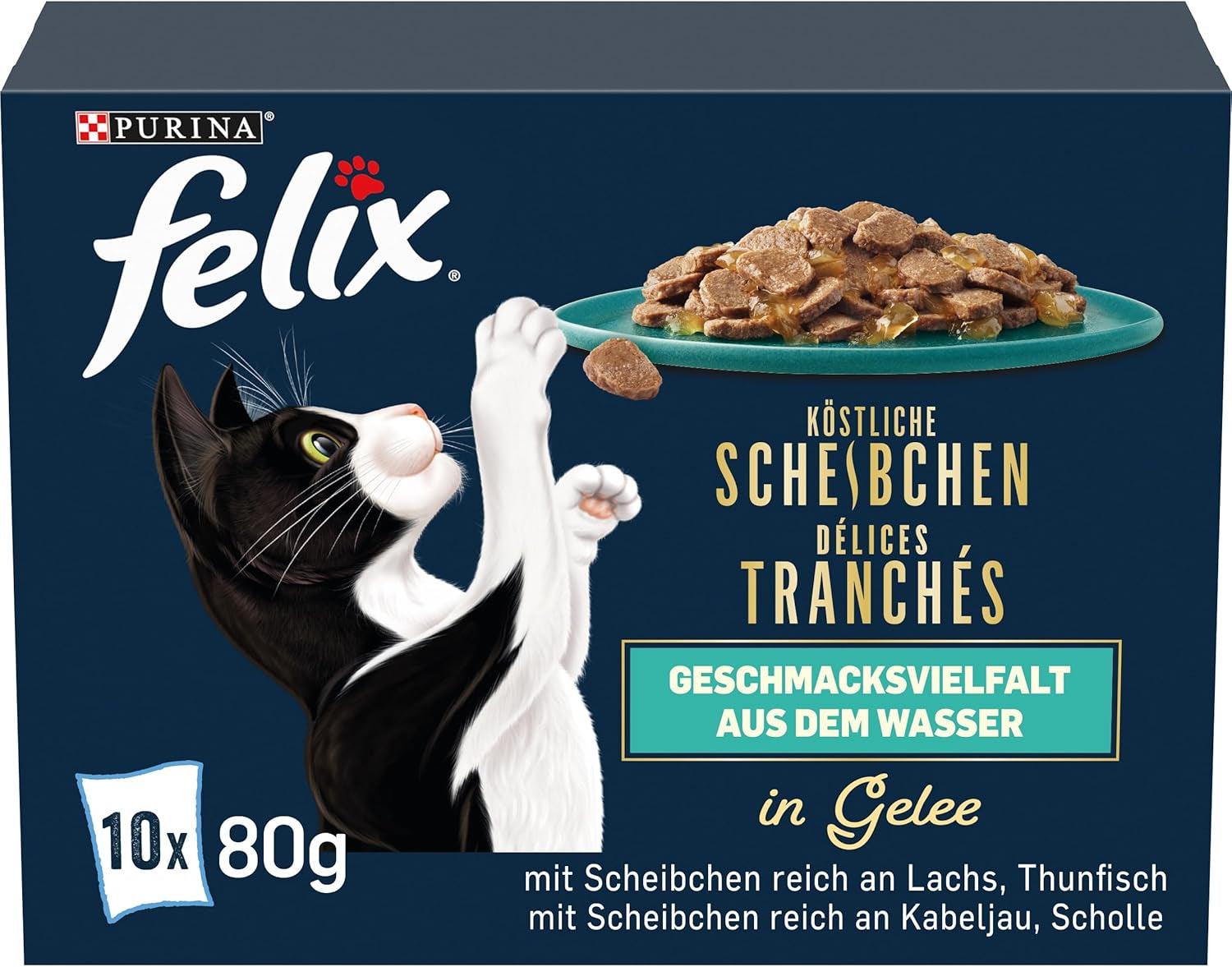 Felix Delicious Vådskåret kattefoder i gelé, forskellige smagsvarianter fra vand, pakke med 6 (6 x 10 poser á 80g hver)