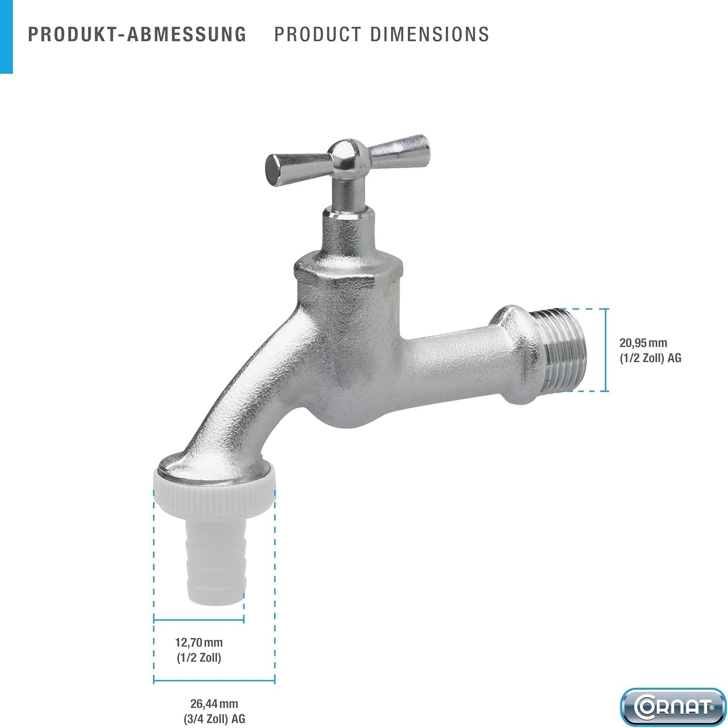 Hornhane - 20,95 mm (1/2 tomme) hangevind - Inkluderer slangeforbindelse - Messing af høj kvalitet - Ideel som udendørs vandhane / regntøndehane / hane / lukkeventil / FLOR92590
