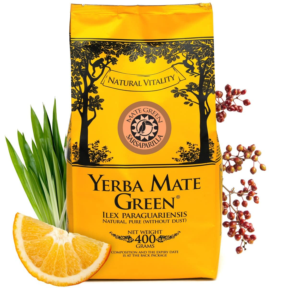 Yerba SARSAPARILLA 400G ● Sød og forfriskende Mate-te ● Sarsaparilla-blade ● Mate-te fra Mate-blade ● Yebra Mate-te med GUARANA 50G ● Yerba Mate Løsbladste 450G ● Vegansk