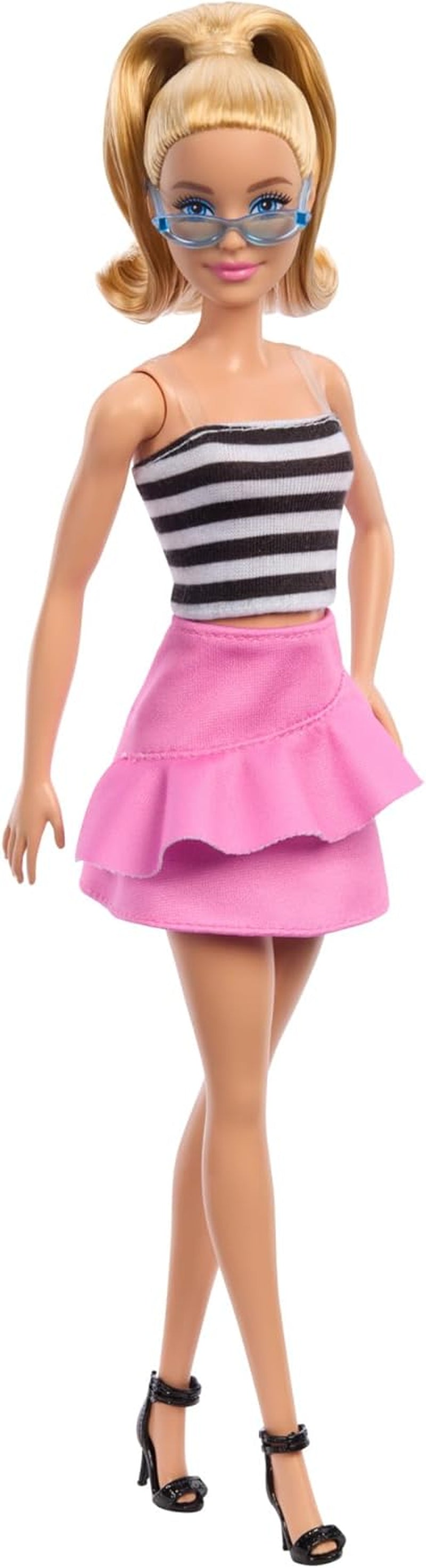 Barbie Fashionista dukke nr. 213 Blonde i stribet top lyserød nederdel og solbriller 65-års fødselsdag samleobjekt modedukke HRH11 Naty Shop Dolls Standardtitel