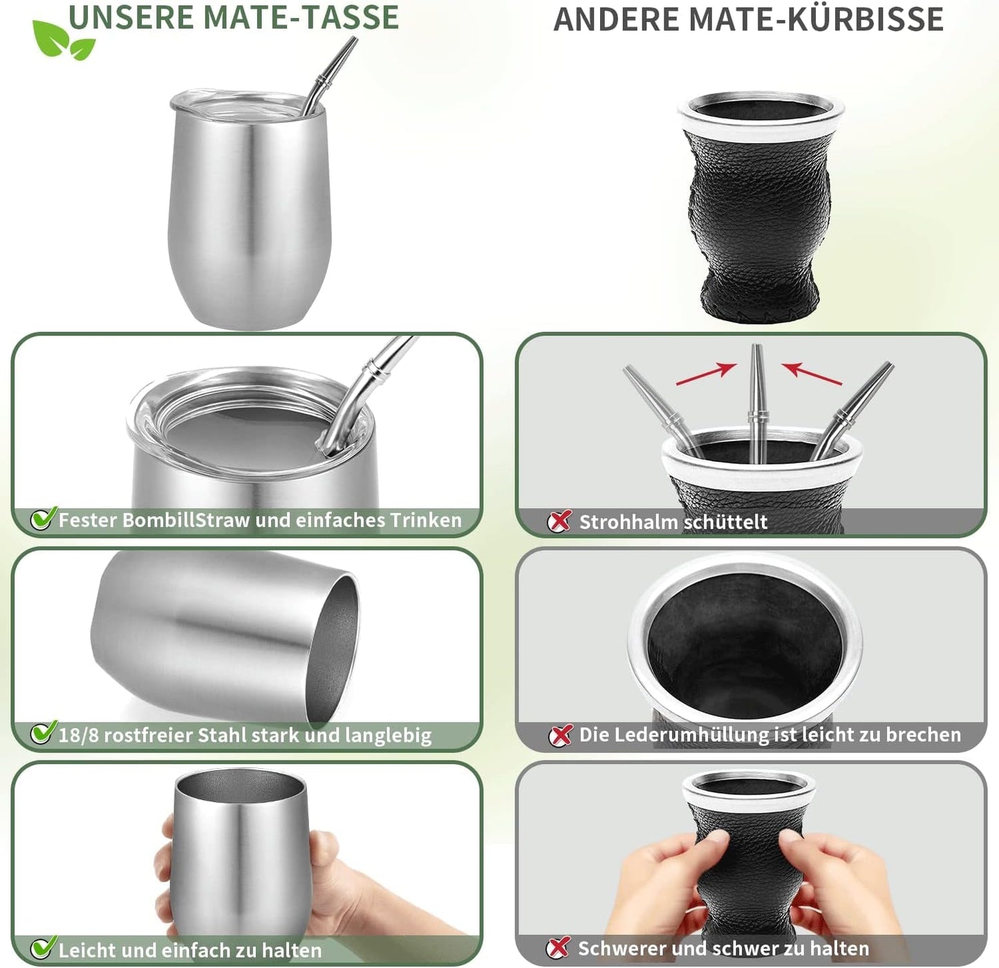 Moderne Mate-krus 340 ml, isoleret Yerba Mate-krussæt med dobbeltvæg i rustfrit stål, Mate-tekrus med BPA-frit låg, Bombillas og en rensebørste (sølv)