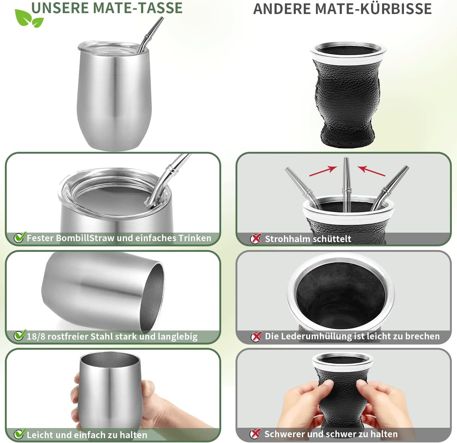 Moderne Mate-krus 340 ml, isoleret Yerba Mate-krussæt med dobbeltvæg i rustfrit stål, Mate-tekrus med BPA-frit låg, Bombillas og en rensebørste (sølv)