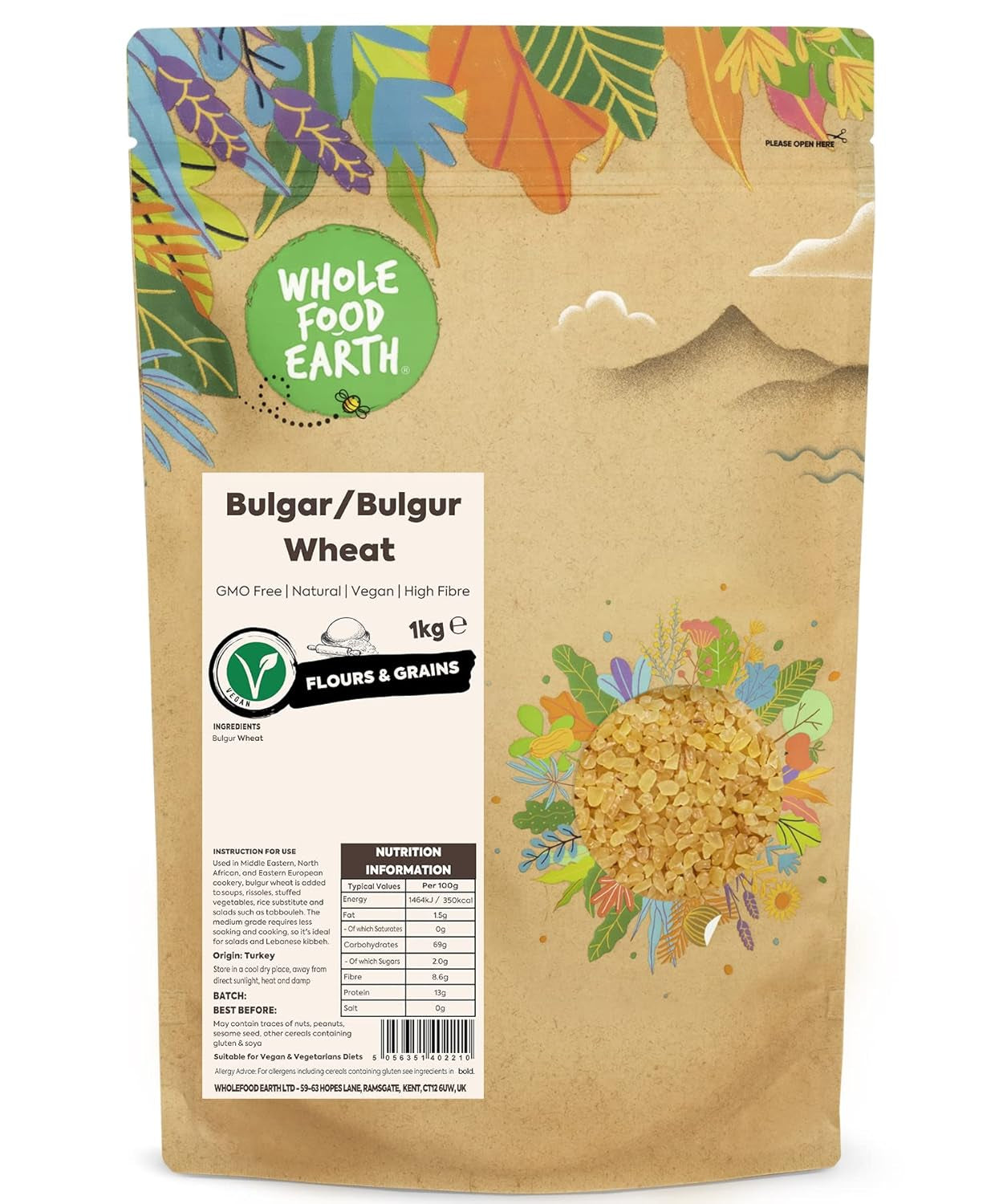 Fuldføde jordhvede bulgur - ikke-GMO - naturlig - vegansk - mælkefri - uden tilsat sukker, 500g