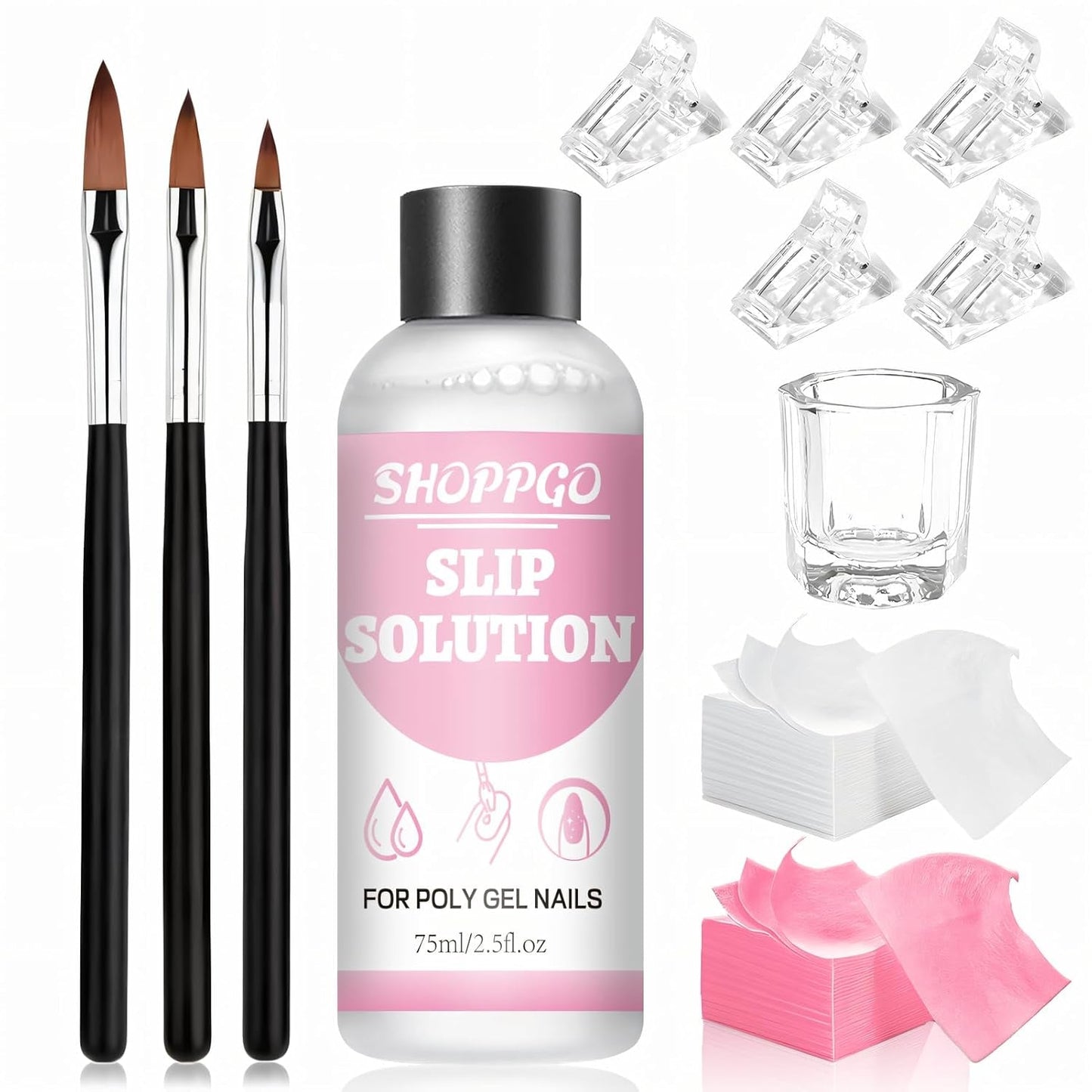 Polygel Glatteopløsning, Polygel Slip Solution Neglesæt, Glatteopløsning 75 ml, Indeholder 5 neglespidsklips, 3 neglebørster, 1 krystalkop, 100 rengøringsark