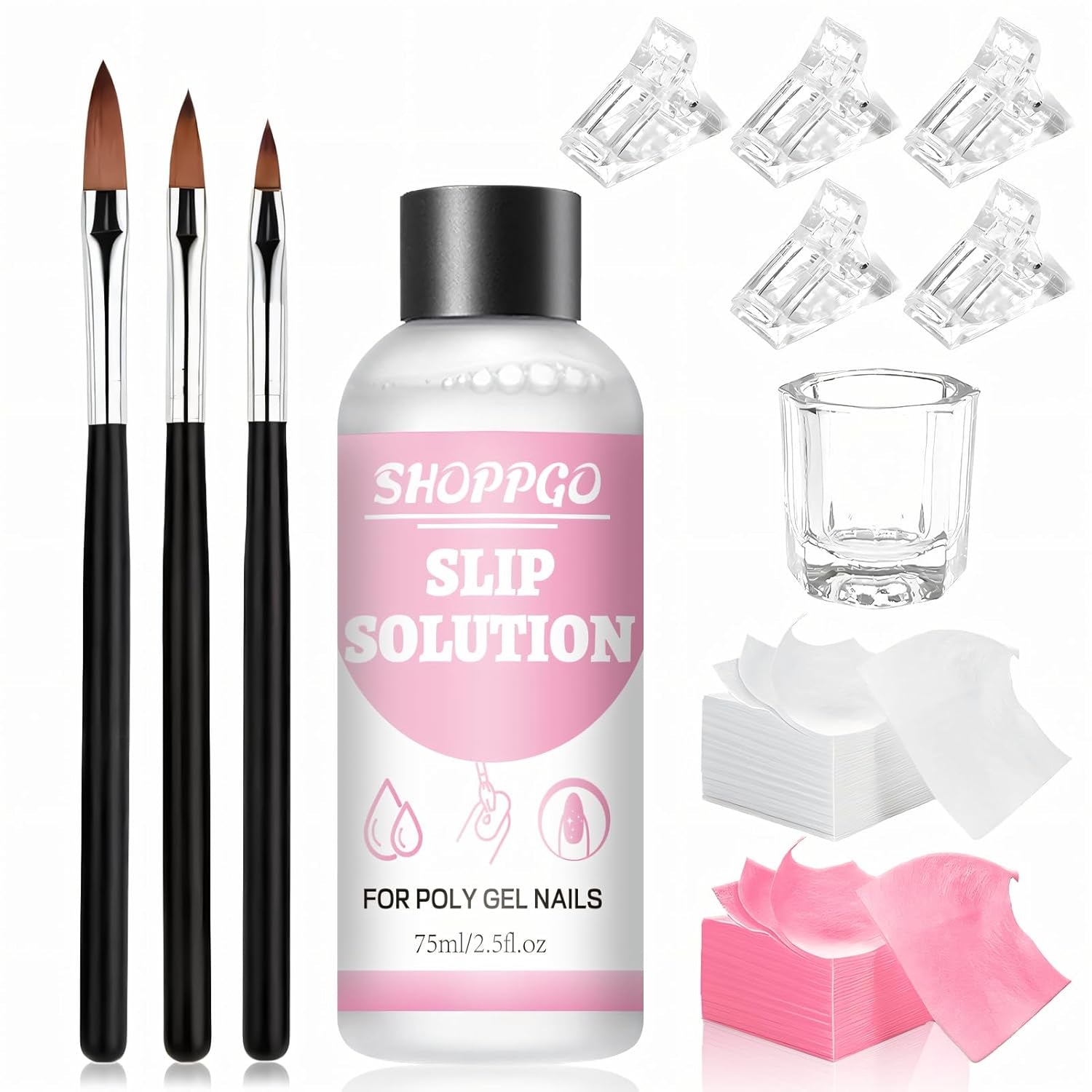 Polygel Glatteopløsning, Polygel Slip Solution Neglesæt, Glatteopløsning 75 ml, Indeholder 5 neglespidsklips, 3 neglebørster, 1 krystalkop, 100 rengøringsark