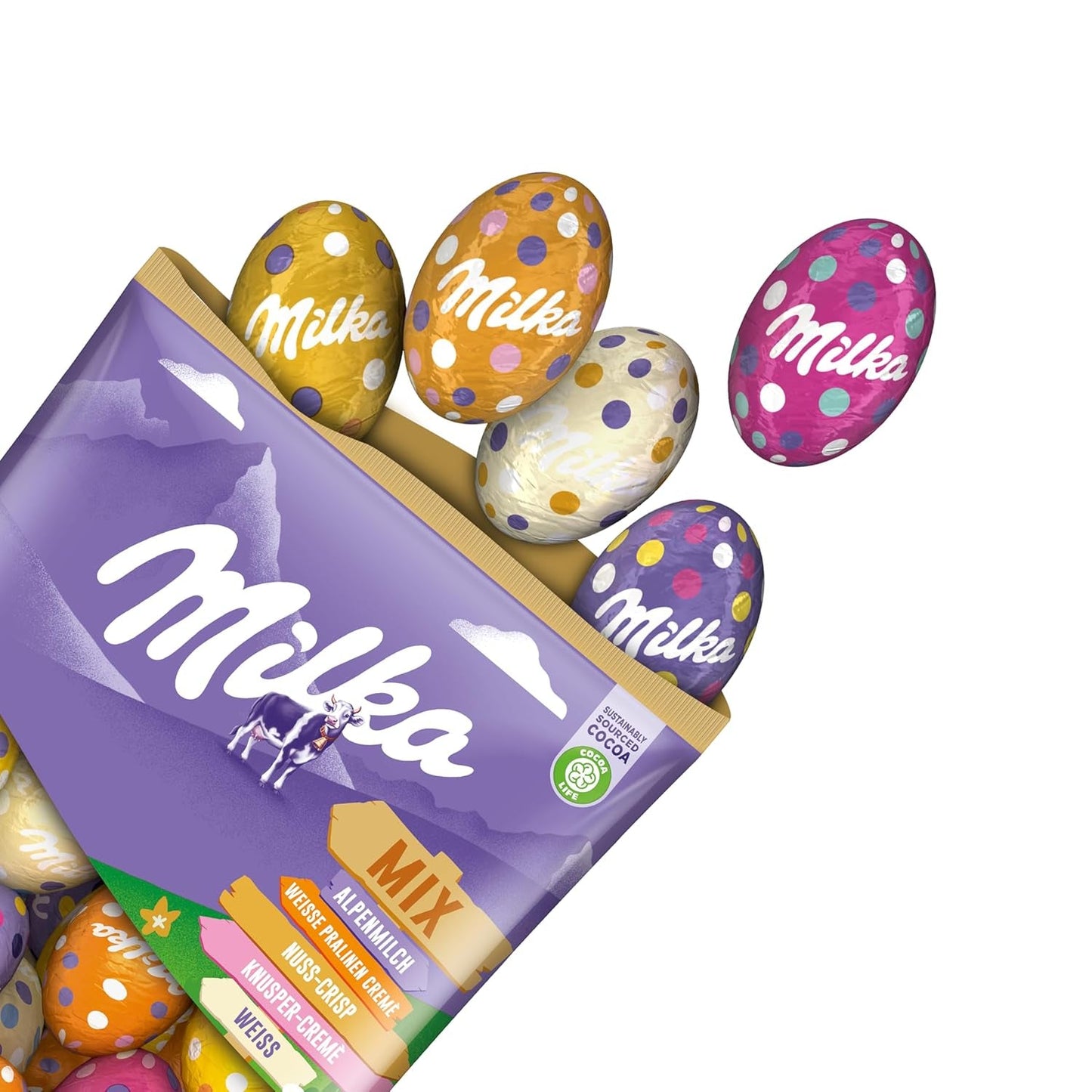 Mix til Milka-æg - Farverig blanding af fyldte chokoladeæg til påske, i fem varianter - 350g