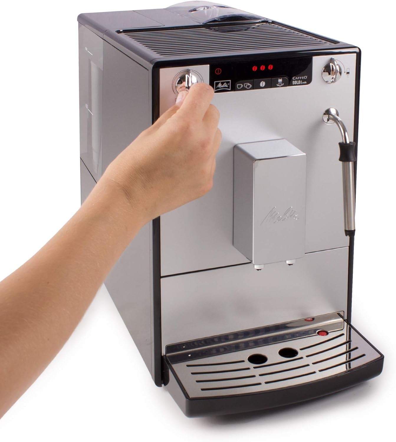 Melitta Solo & Milk - fuldautomatisk slim kaffemaskine med mælkeskummer, kaffemaskine med aftagelig vandtank, f.eks. kaffe eller cappuccino, sølv