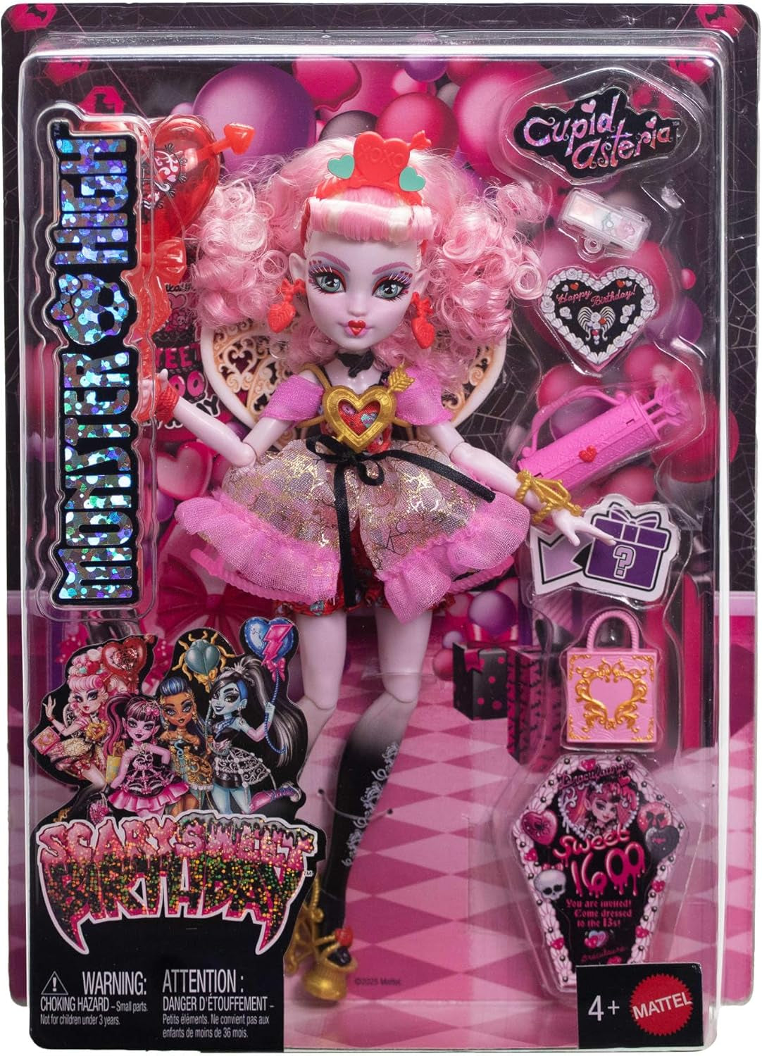 Monster High Skræmmende sød fødselsdag Amor Asteria dukke i pink og rød festkjole med tematilbehør som invitation, ballon, gave og mere, JBG77