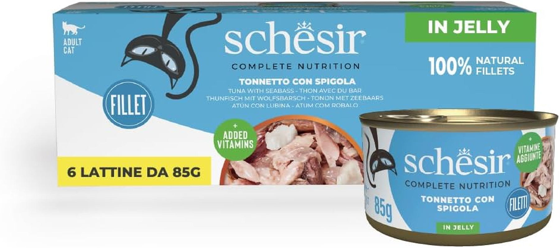Blåfinnet tun i gelé, komplet våd kattefoder, dåse, med tilsat vitaminer, 100 % naturlig, 6 x 85 g