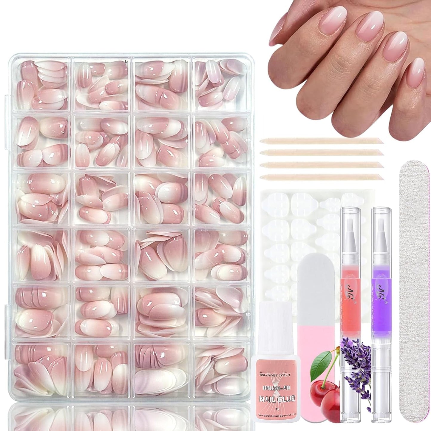 360 stk Gradient Ballerina Falske Negle Sæt, Pink White Gradient Lime-on kunstige negle med 2 stk Nail Oil Penne, Ombre Medium Fake Neils for Women DIY