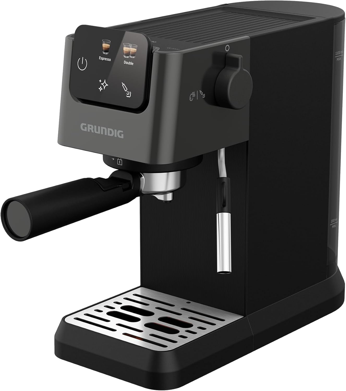 Portafilter espressomaskine GRUNDIG KSM 5330 med integreret mælkebeholder, effekt 1628 W, pumpetryk 15 bar, dobbelt mundstykke, farvetouchdisplay, BrewSense, CreamyPro, Mørk rustfrit stål/Sort