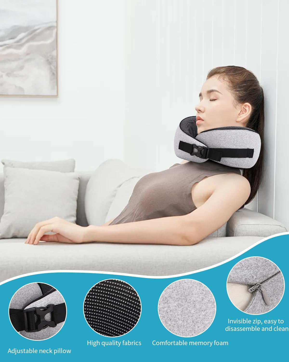 Flynakkepude, Memory Foam Rejsepude, Voksen Nakkepude, Justerbar vaskbar Flypude, Ergonomisk rejsepude (grå) Cervikale ortopædiske puder Naty Shop
