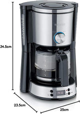 SEVERIN "TypeSwitch" espressomaskine med glaskaraffel og timer, AromaSwitch til valg af 2 bryggemuligheder, digitalt ur med timerfunktion, til op til 10 kopper, 1000W, børstet rustfrit stål-sort, KA 4826