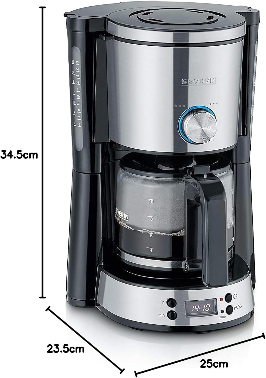 SEVERIN "TypeSwitch" espressomaskine med glaskaraffel og timer, AromaSwitch til valg af 2 bryggemuligheder, digitalt ur med timerfunktion, til op til 10 kopper, 1000W, børstet rustfrit stål-sort, KA 4826