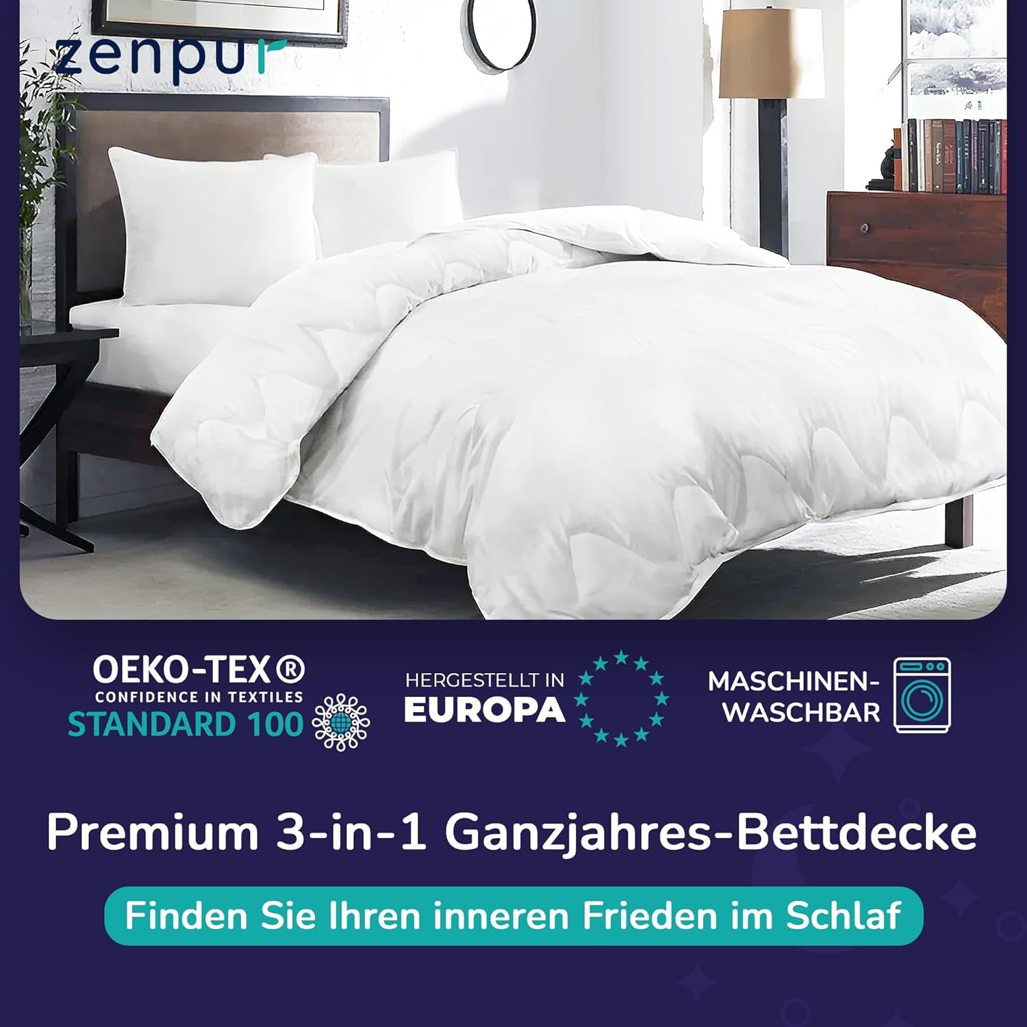 Premium dyne 200X200Cm 4 årstider, dyne til alle årstider 200X200 - varm om vinteren og kølig om sommeren, 2 kombinerbare dynebetræk 200X200 Dyner og dyner Naty Shop