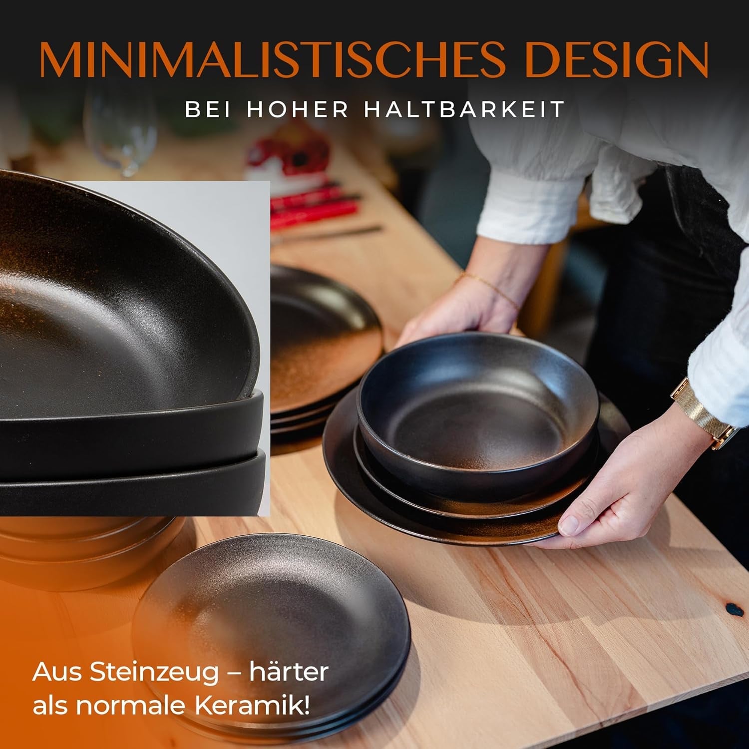 12-delt spisestel i stentøj - Prairie Line - Elegant design i brune/sorte toner, sæt med 4 middagstallerkener, 4 desserttallerkener og 4 middagstallerkener/Premium Collection