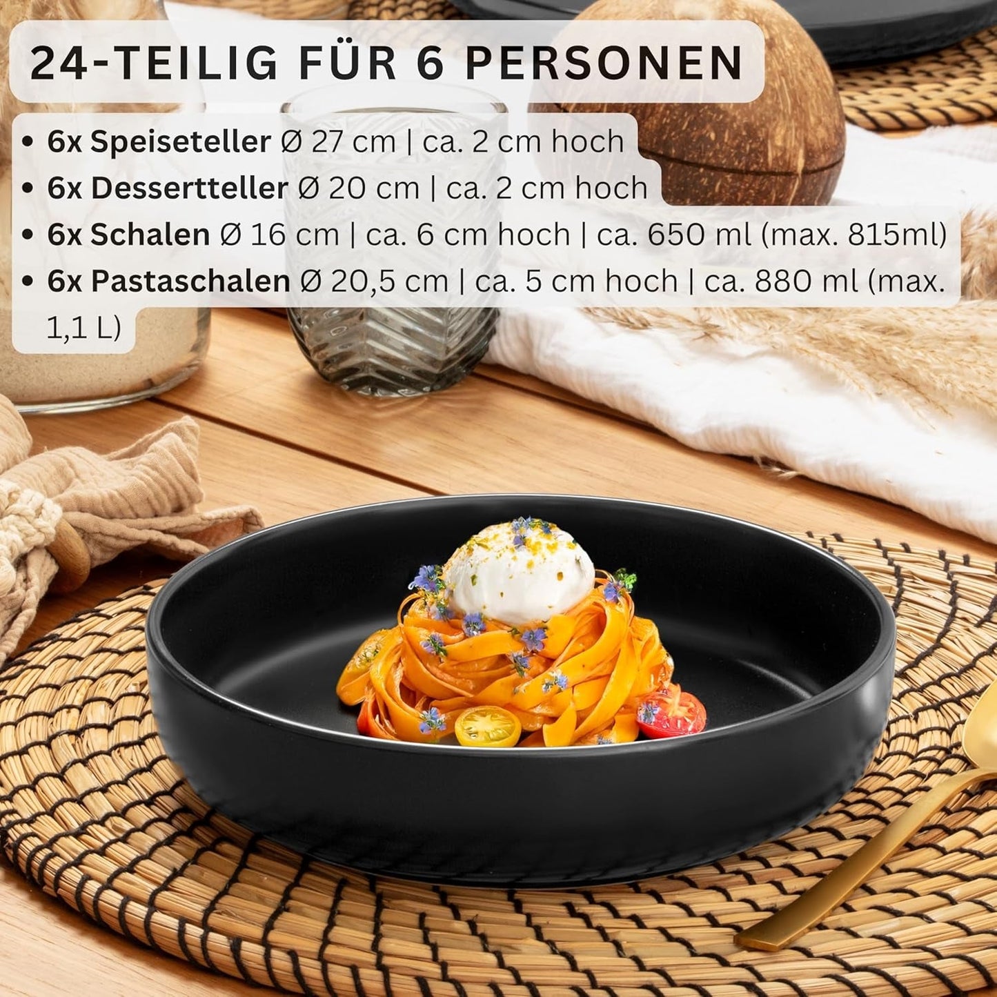 SÄNGER Madeira | 24-dele kombineret spisestel, 6-personers stel af stentøj, 6 middagstallerkener, 6 morgenmadstallerkener, 6 middagstallerkener, 6 pastaskåle, porcelæn og skålesæt, matsort | VÆRDIINDSAMLING