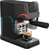 Portafilter espressomaskine GRUNDIG KSM 5330 med integreret mælkebeholder, effekt 1628 W, pumpetryk 15 bar, dobbelt mundstykke, farvetouchdisplay, BrewSense, CreamyPro, Mørk rustfrit stål/Sort