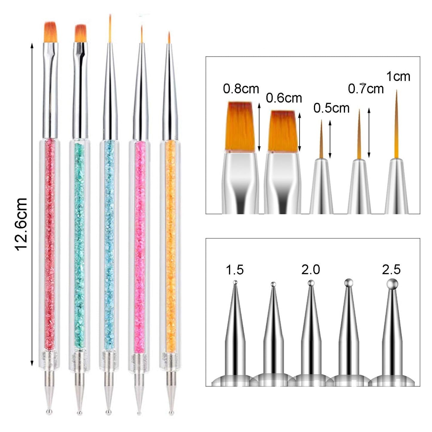 6 Stück Nagel Pinsel Set, Doppel-Ende Nageldesign Pinsel, Acryl Nail Art Pinsel Sæt Nail Art Liner Pinsel Dotting Tool Für DIY Nail Art Design (Mit 1 Schwammbürste)
