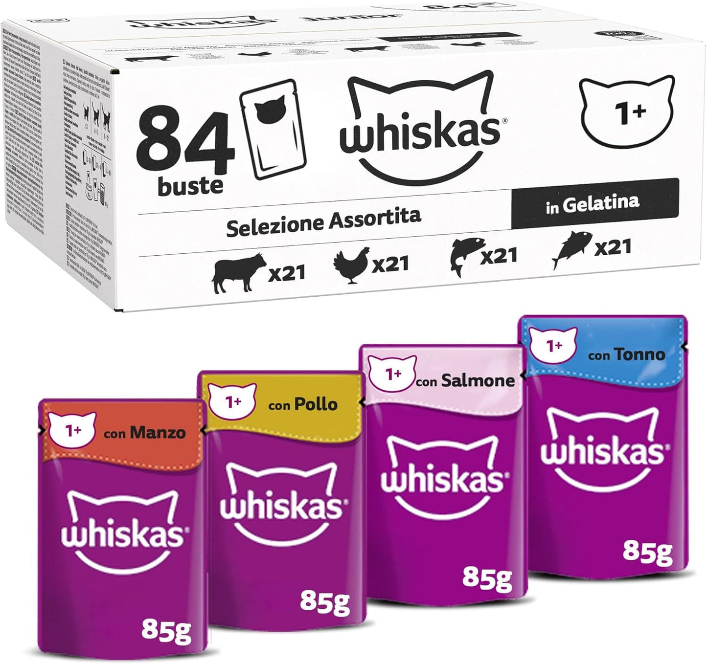 Whiskas vådfoder til voksne 1+ blandet udvalg i gelé, 84 poser, 84x85 g (1 stor pakke) - vådfoder af høj kvalitet til voksne katte