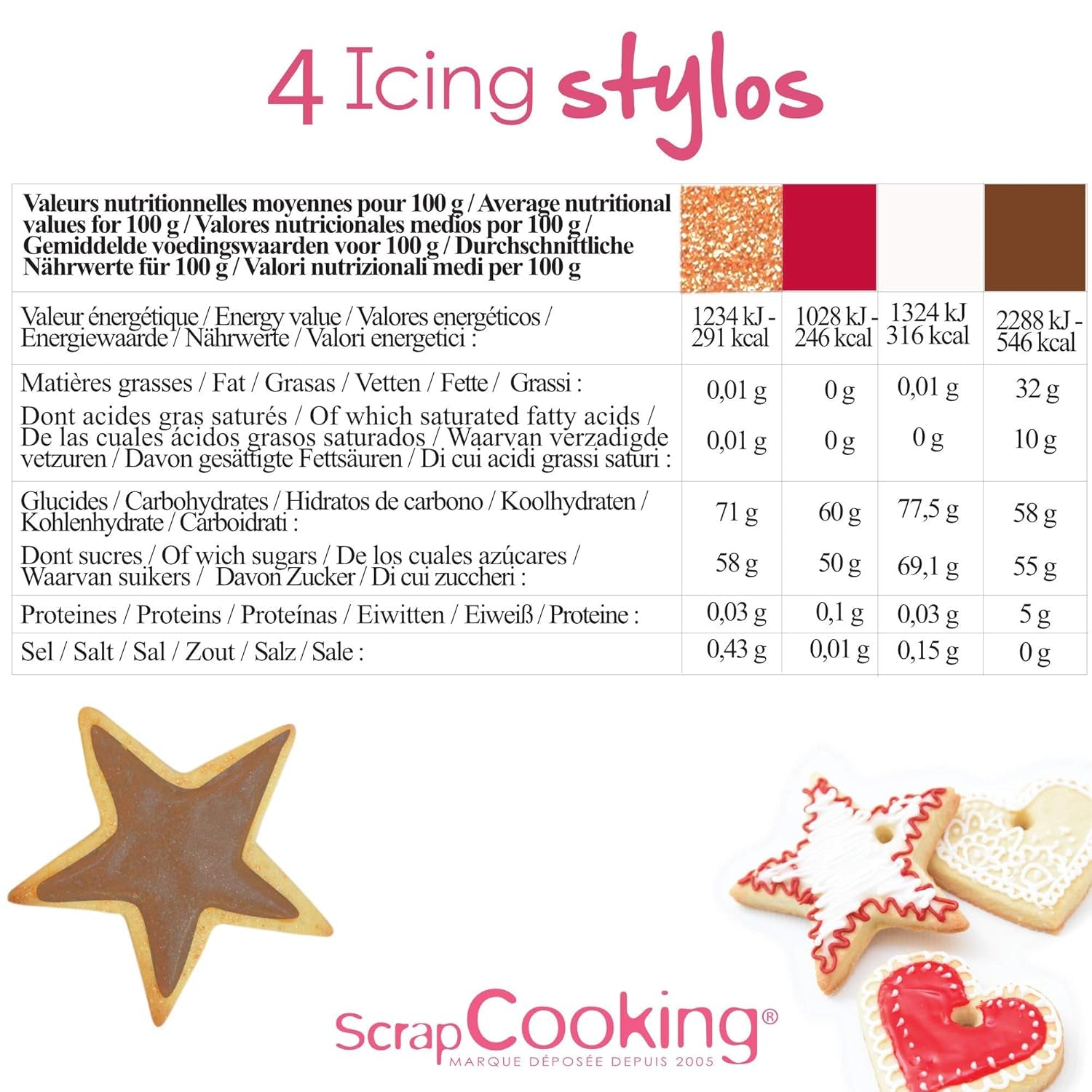 Scrapcooking - 4 stykke tuscher: guld, chokolade, hvid og rød - dekorative spiselige kuglepenne til skrivning og tegning på desserter, kager og kiks