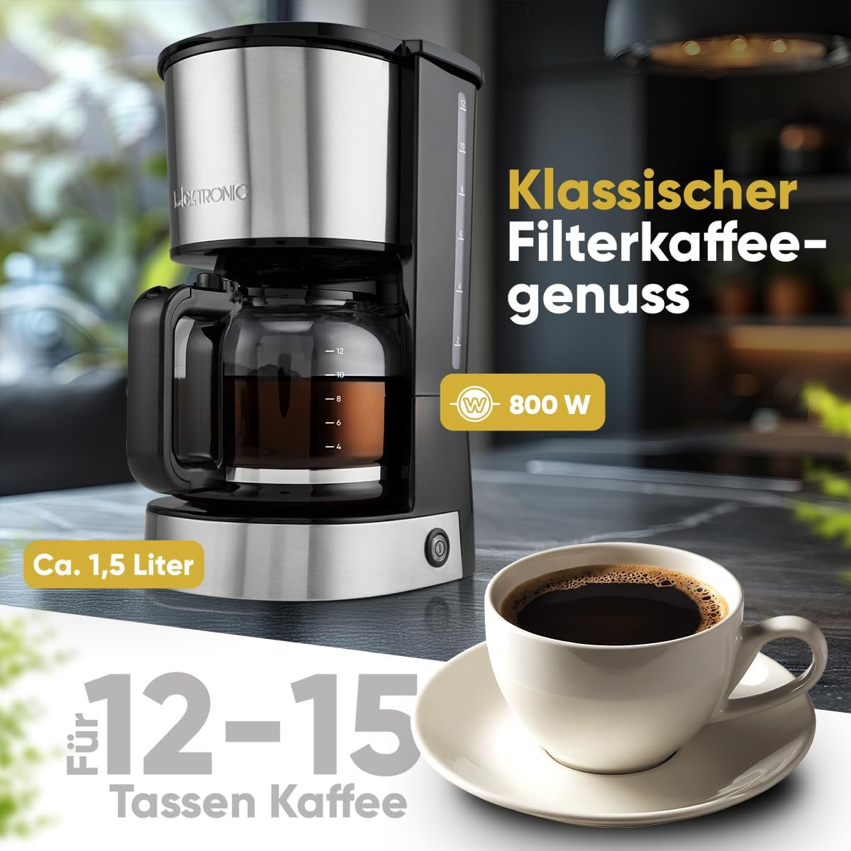 Kaffeespressomaskine med Clatronic® filter | til 12-14 kopper | Kaffe espressomaskine med filter | Rustfri stålkasse | Anti-dryp | Espresso | Kaffe espressomaskine med filter | 800W | KA 3808